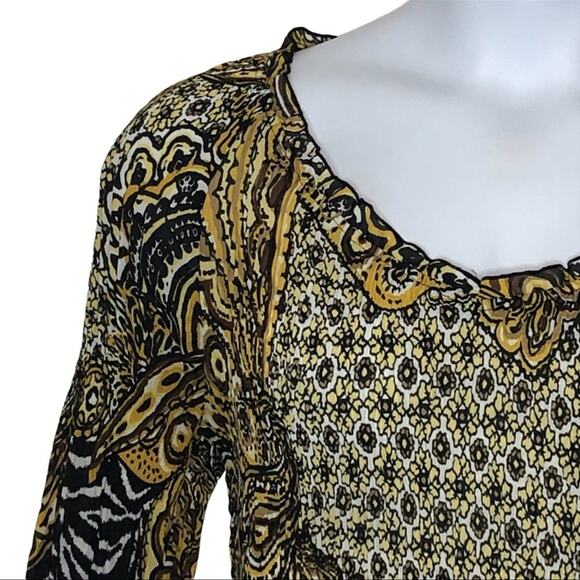 Sharagano Retro Crinkle Babydoll Blouse Brown Tan Textured Size Large - Picture 5 of 14